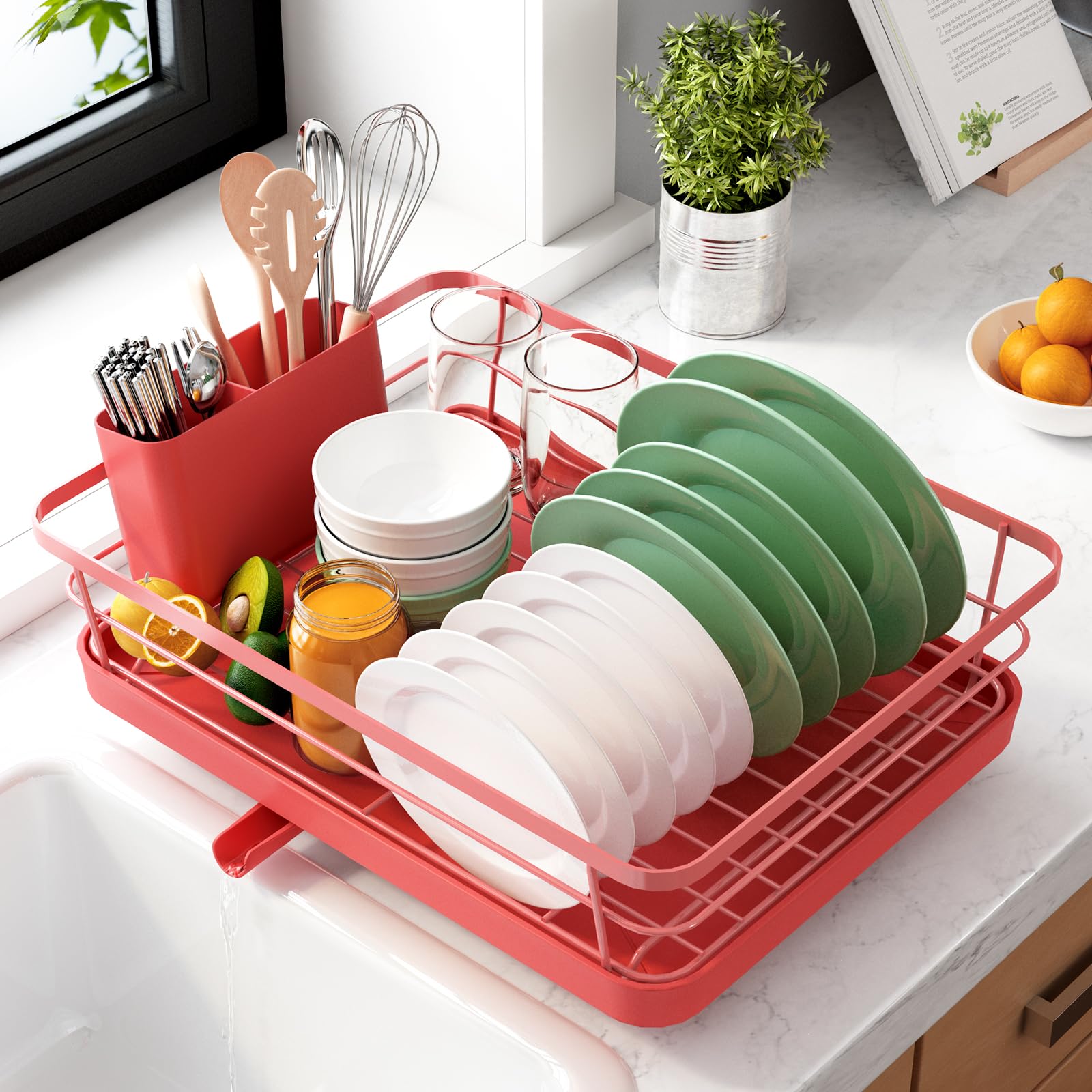 Kitsure Dish Drying Rack for Kitchen Counter, Stainless Steel Sink Organization and Storage Essentials with Cutlery Holder, Home and Appartment Decor, 12''W x 15.5''L, Black