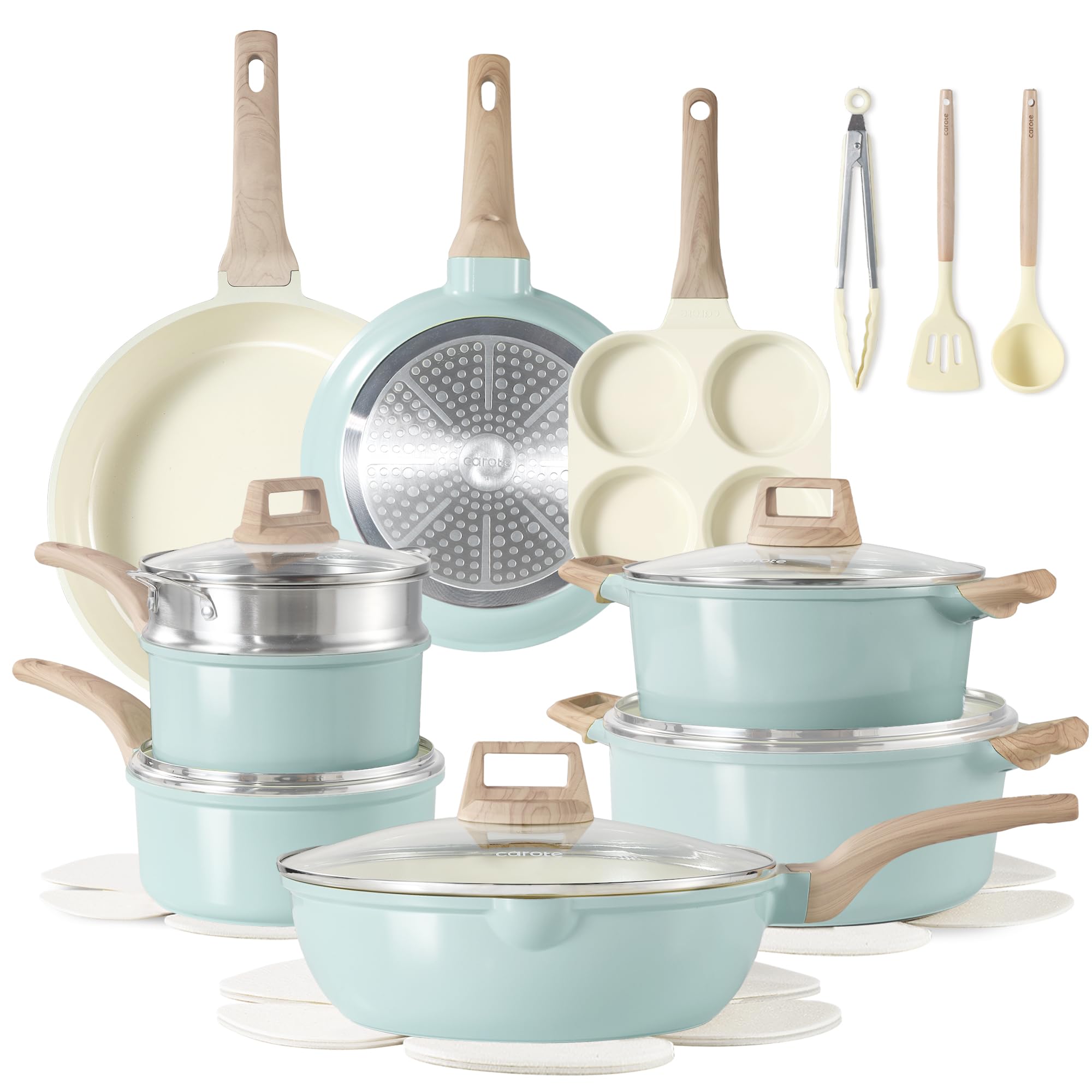 CAROTE 21Pcs Pots and Pans Set, Nonstick Cookware Sets, White Granite Induction Cookware Non Stick Cooking Set w/Frying Pans & Saucepans(PFOS, PFOA Free)