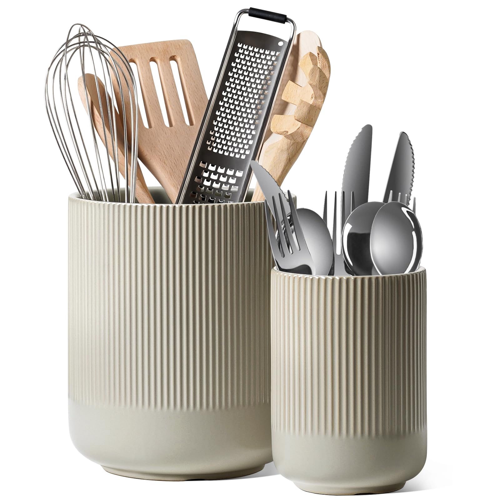 LE TAUCI Utensil Holder, 7.3"+5.4" Ceramic Kitchen Utensil Holder for Countertop, Large Cooking Utensil Crocks for Kitchen Counter Decor, Morden Utensil Organizer for Spatula, Set of 2, White