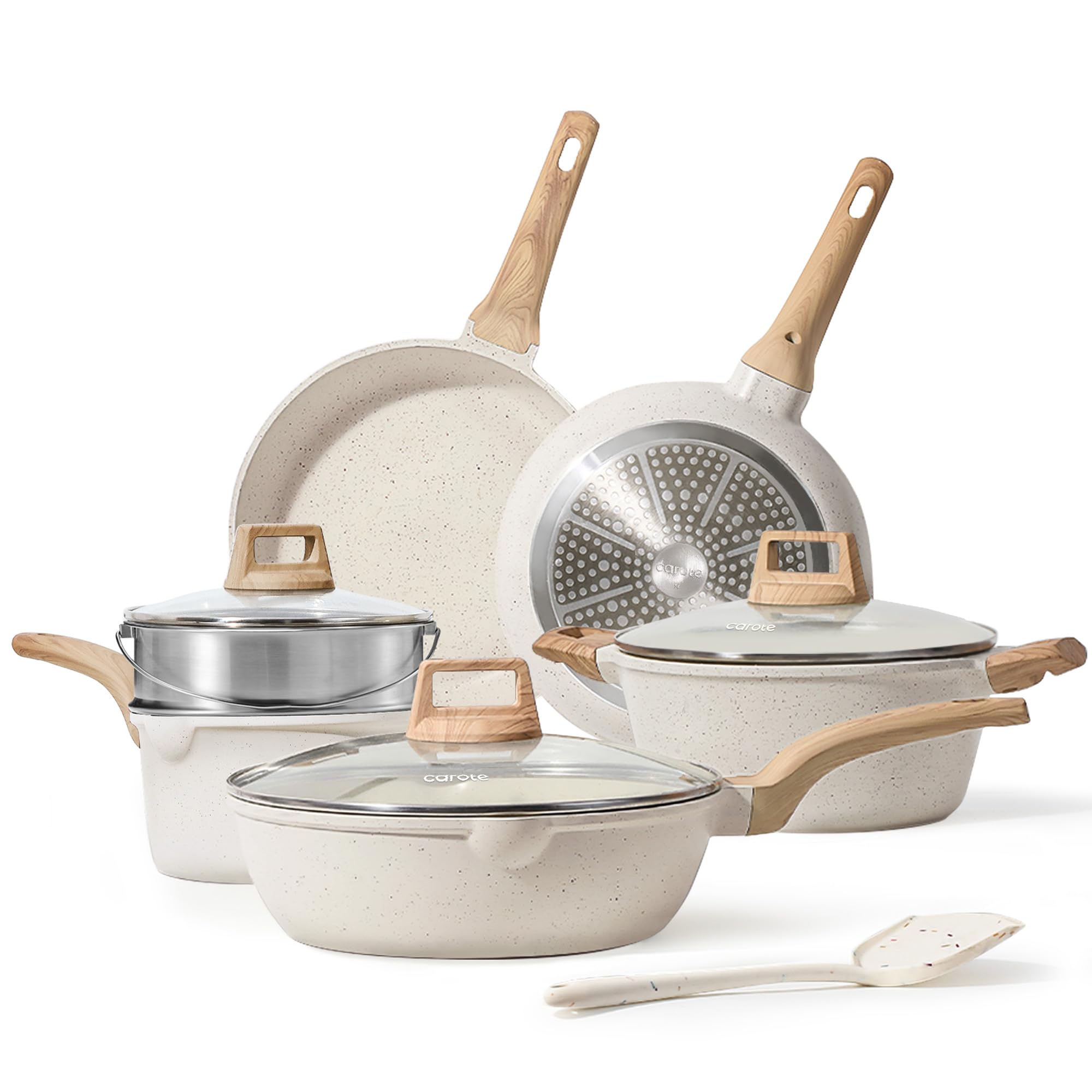 CAROTE 21Pcs Pots and Pans Set, Nonstick Cookware Sets, White Granite Induction Cookware Non Stick Cooking Set w/Frying Pans & Saucepans(PFOS, PFOA Free)