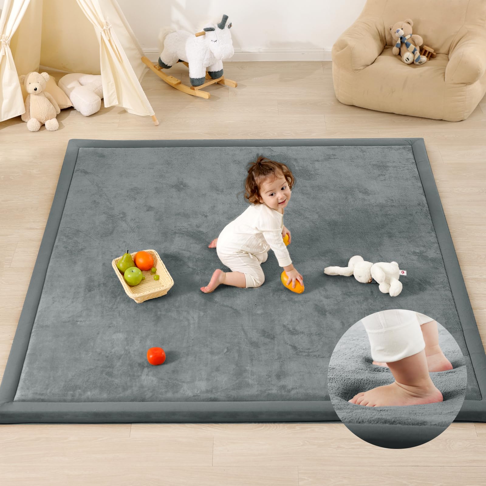 1.3" Thick Baby Play Mat for Floor, 79x118 Large Foam Tummy Time Mat, Padded Support Soft Plush Nursery Rug for Infant Kids Toddler Crawling Kick Activity (Light Grey)