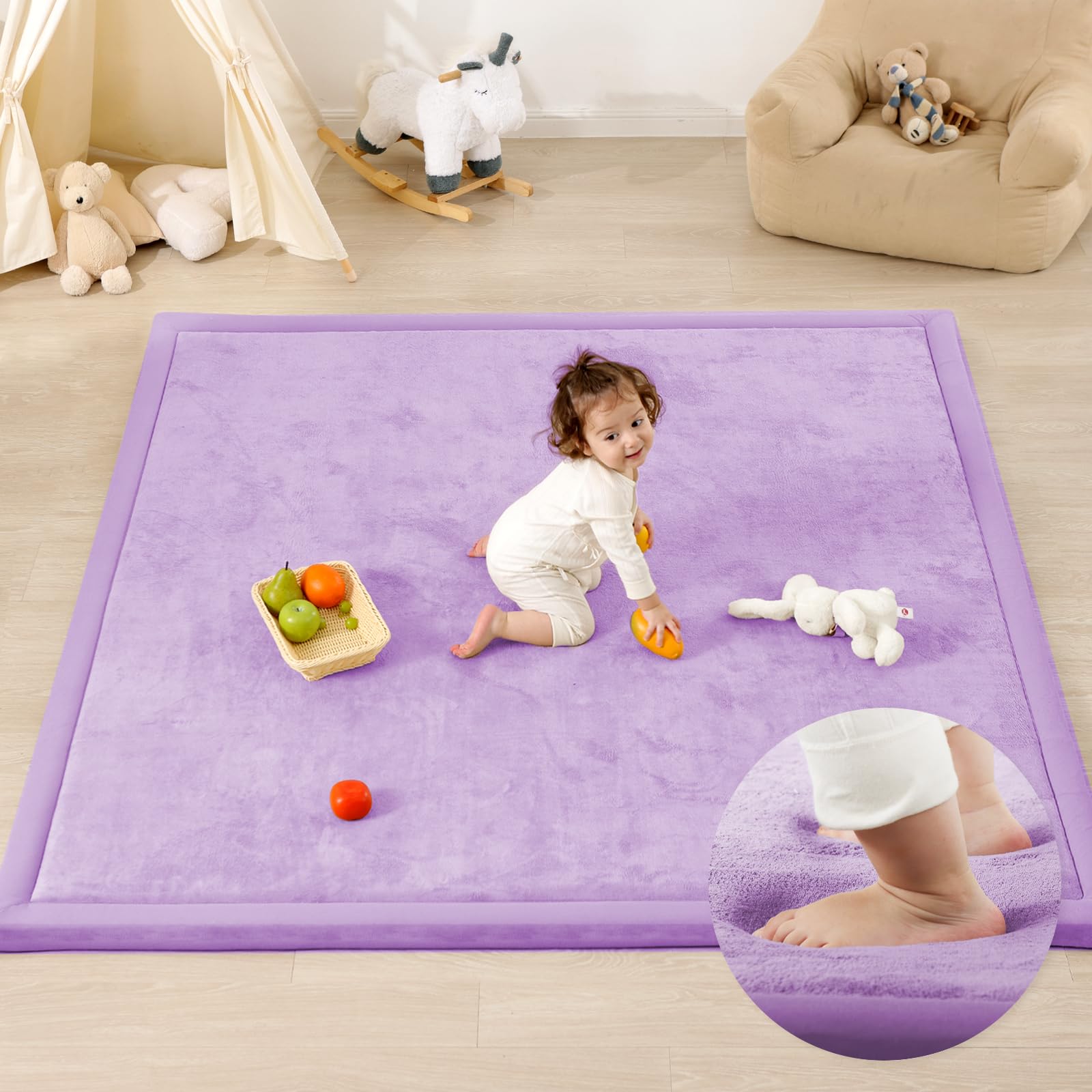 1.3" Thick Baby Play Mat for Floor, 79x118 Large Foam Tummy Time Mat, Padded Support Soft Plush Nursery Rug for Infant Kids Toddler Crawling Kick Activity (Light Grey)