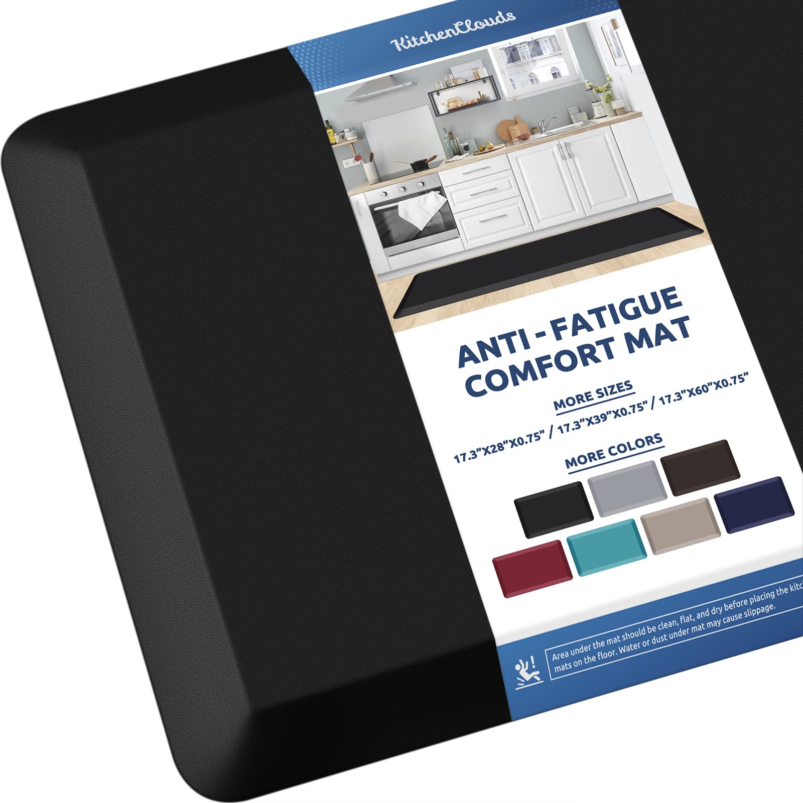 KitchenClouds Kitchen Mat Cushioned Anti Fatigue Rug 17.3"x28" Waterproof, Non Slip, Standing and Comfort Desk/Floor Mats for House Sink Office (Black)