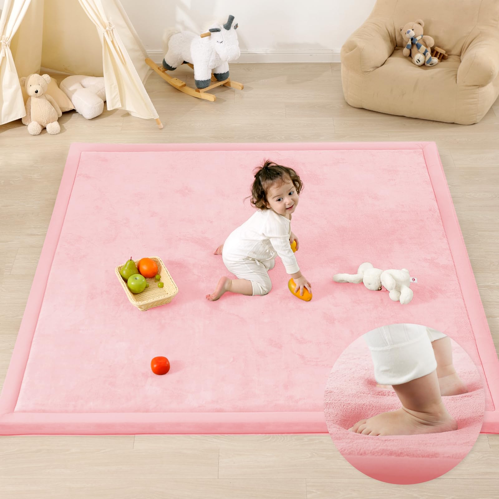 1.3" Thick Baby Play Mat for Floor, 79x118 Large Foam Tummy Time Mat, Padded Support Soft Plush Nursery Rug for Infant Kids Toddler Crawling Kick Activity (Light Grey)