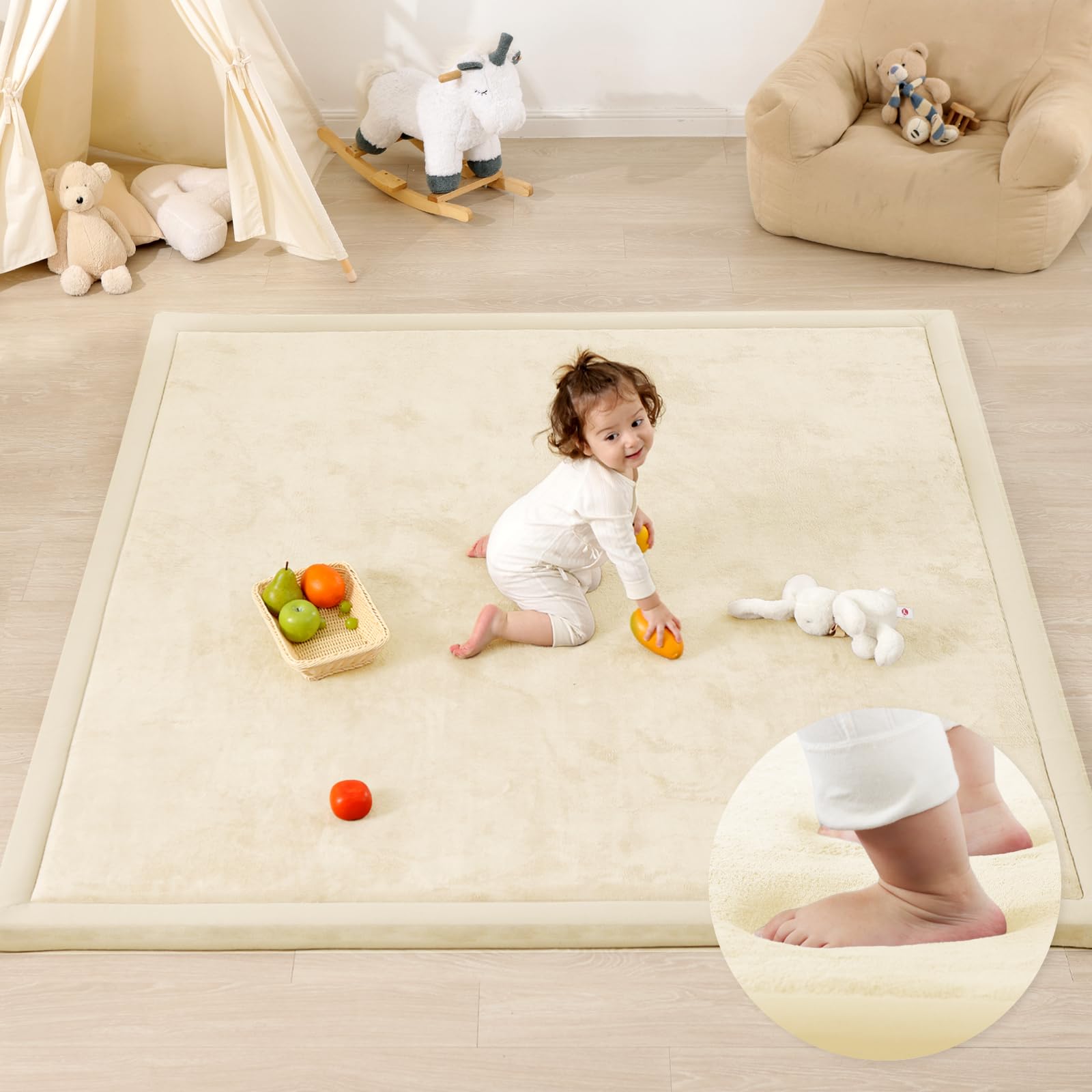1.3" Thick Baby Play Mat for Floor, 79x118 Large Foam Tummy Time Mat, Padded Support Soft Plush Nursery Rug for Infant Kids Toddler Crawling Kick Activity (Light Grey)