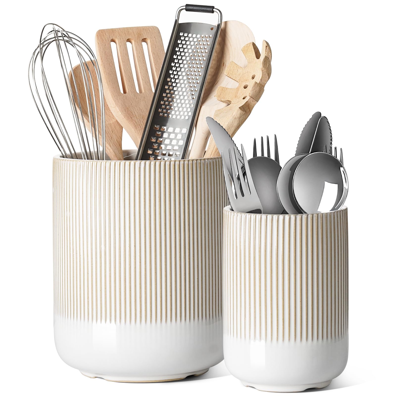 LE TAUCI Utensil Holder, 7.3"+5.4" Ceramic Kitchen Utensil Holder for Countertop, Large Cooking Utensil Crocks for Kitchen Counter Decor, Morden Utensil Organizer for Spatula, Set of 2, White