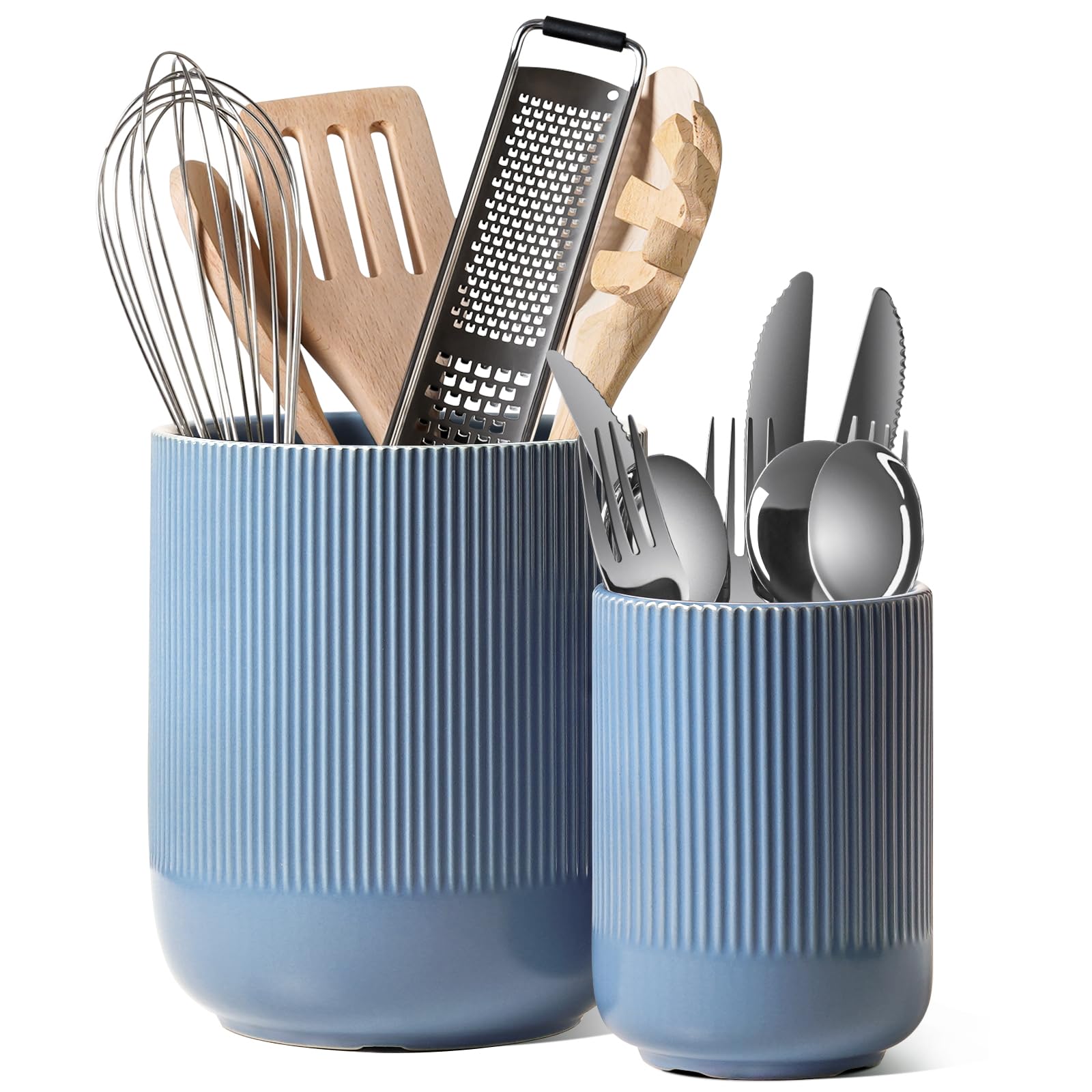 LE TAUCI Utensil Holder, 7.3"+5.4" Ceramic Kitchen Utensil Holder for Countertop, Large Cooking Utensil Crocks for Kitchen Counter Decor, Morden Utensil Organizer for Spatula, Set of 2, White