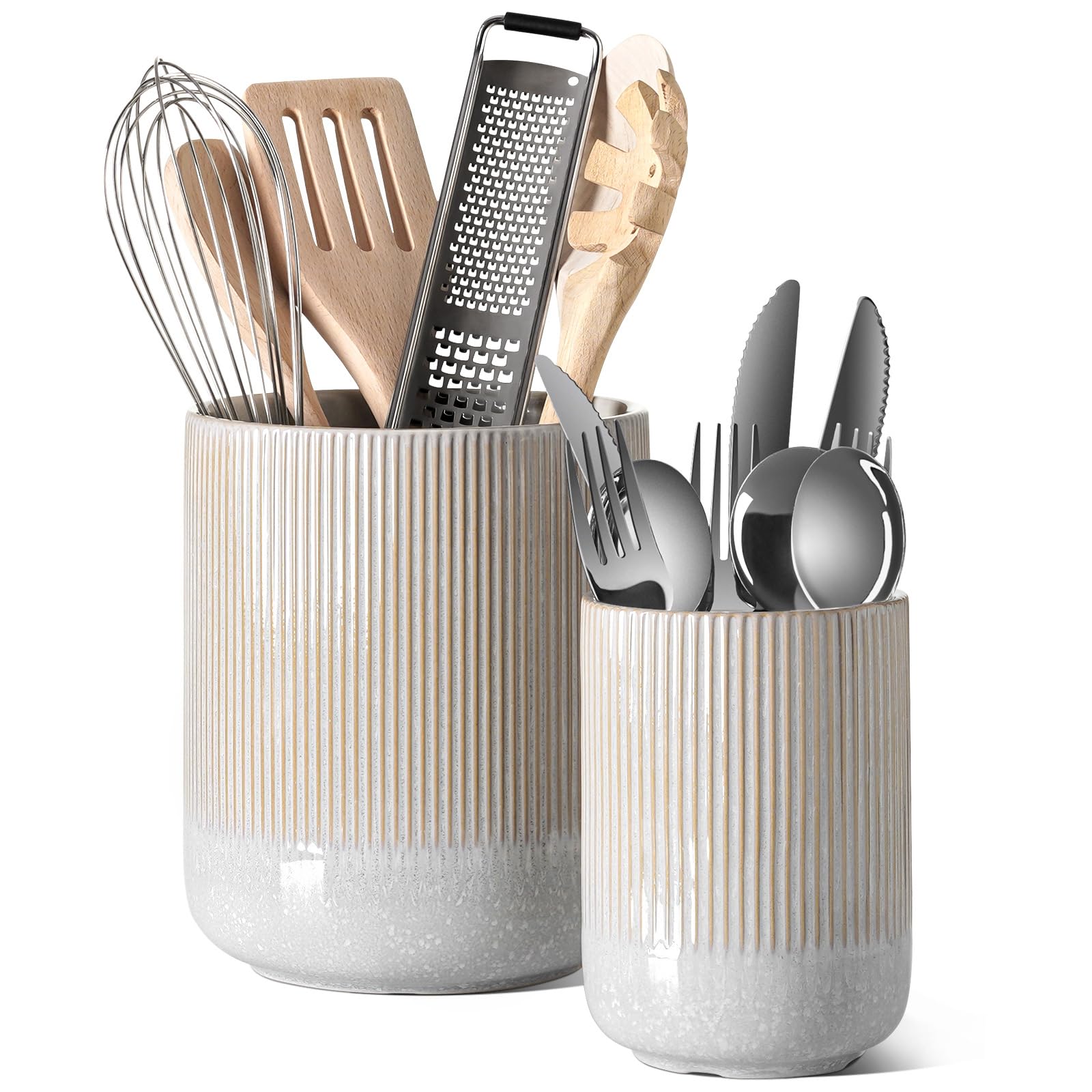LE TAUCI Utensil Holder, 7.3"+5.4" Ceramic Kitchen Utensil Holder for Countertop, Large Cooking Utensil Crocks for Kitchen Counter Decor, Morden Utensil Organizer for Spatula, Set of 2, White