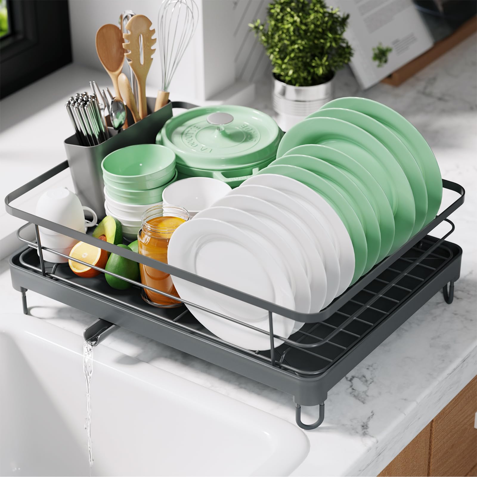Kitsure Dish Drying Rack for Kitchen Counter, Stainless Steel Sink Organization and Storage Essentials with Cutlery Holder, Home and Appartment Decor, 12''W x 15.5''L, Black