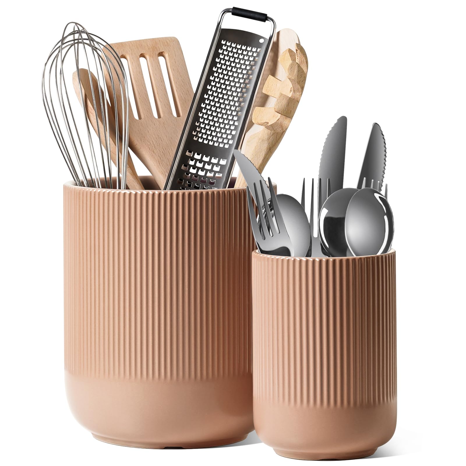 LE TAUCI Utensil Holder, 7.3"+5.4" Ceramic Kitchen Utensil Holder for Countertop, Large Cooking Utensil Crocks for Kitchen Counter Decor, Morden Utensil Organizer for Spatula, Set of 2, White
