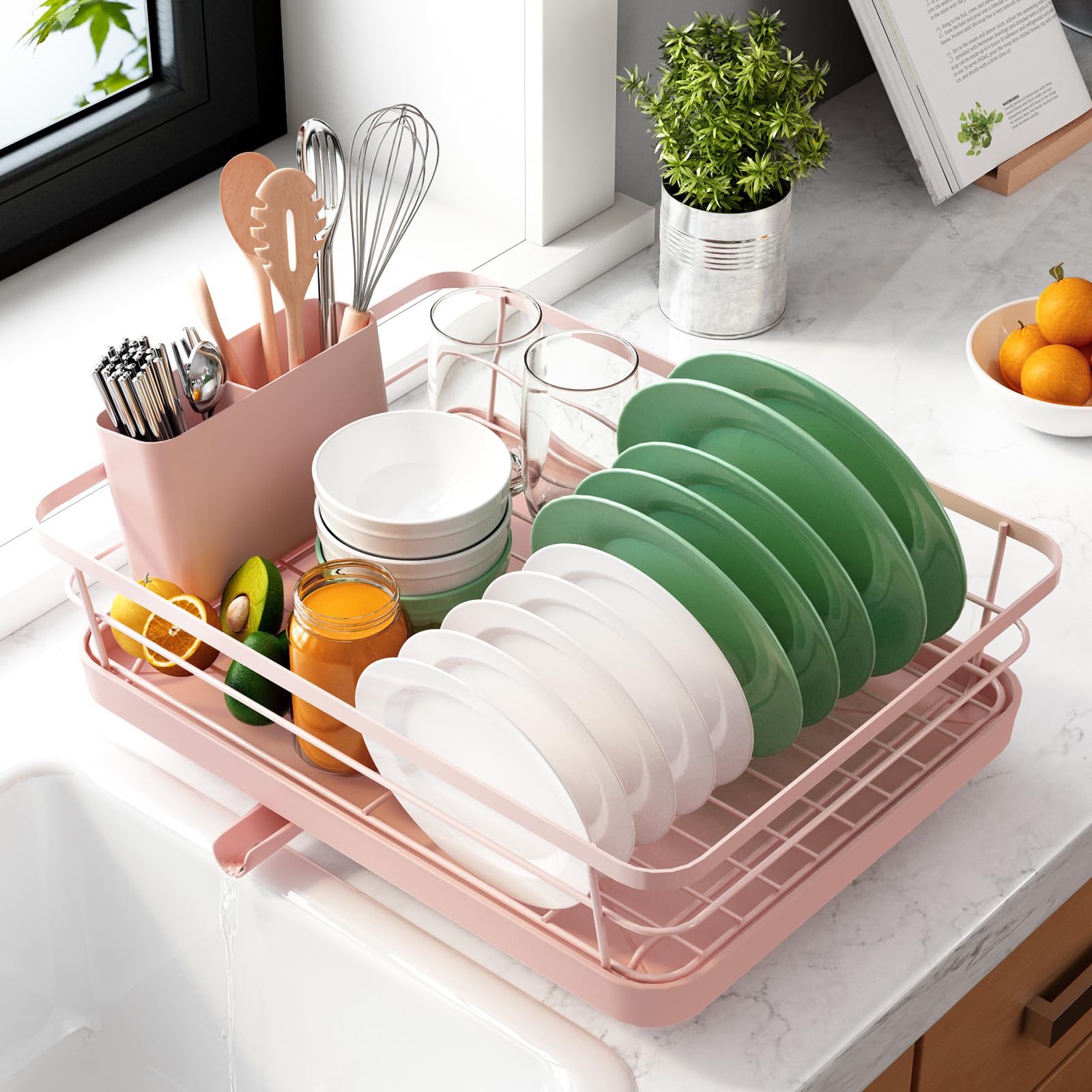 Kitsure Dish Drying Rack for Kitchen Counter, Stainless Steel Sink Organization and Storage Essentials with Cutlery Holder, Home and Appartment Decor, 12''W x 15.5''L, Black