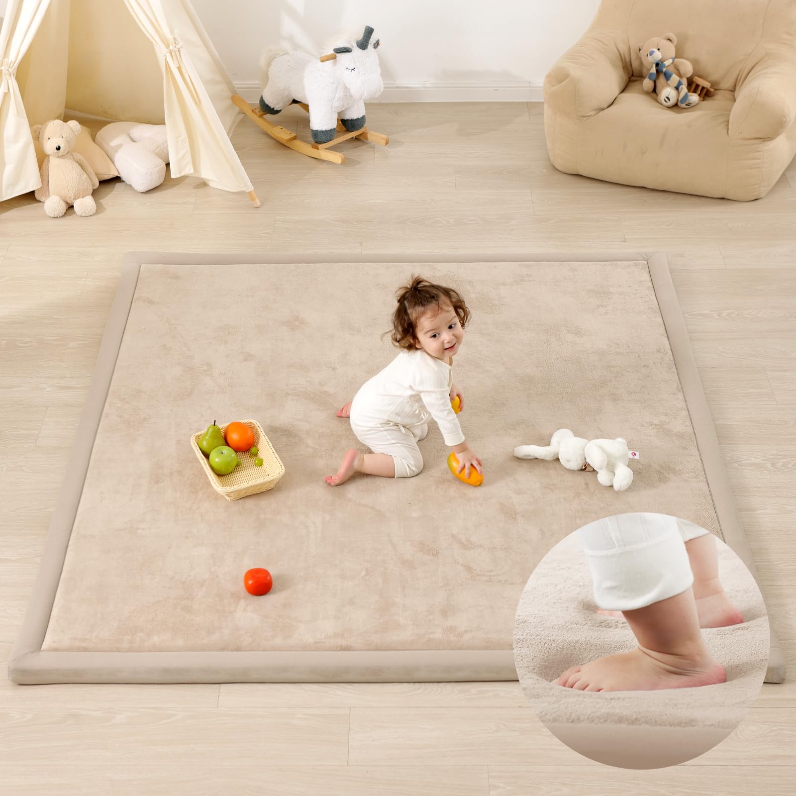 1.3" Thick Baby Play Mat for Floor, 79x118 Large Foam Tummy Time Mat, Padded Support Soft Plush Nursery Rug for Infant Kids Toddler Crawling Kick Activity (Light Grey)