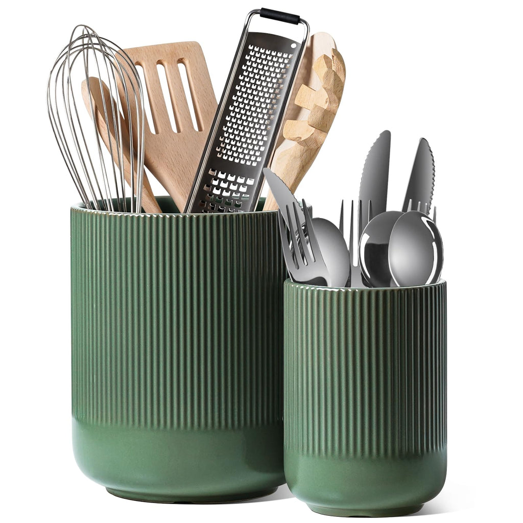 LE TAUCI Utensil Holder, 7.3"+5.4" Ceramic Kitchen Utensil Holder for Countertop, Large Cooking Utensil Crocks for Kitchen Counter Decor, Morden Utensil Organizer for Spatula, Set of 2, White