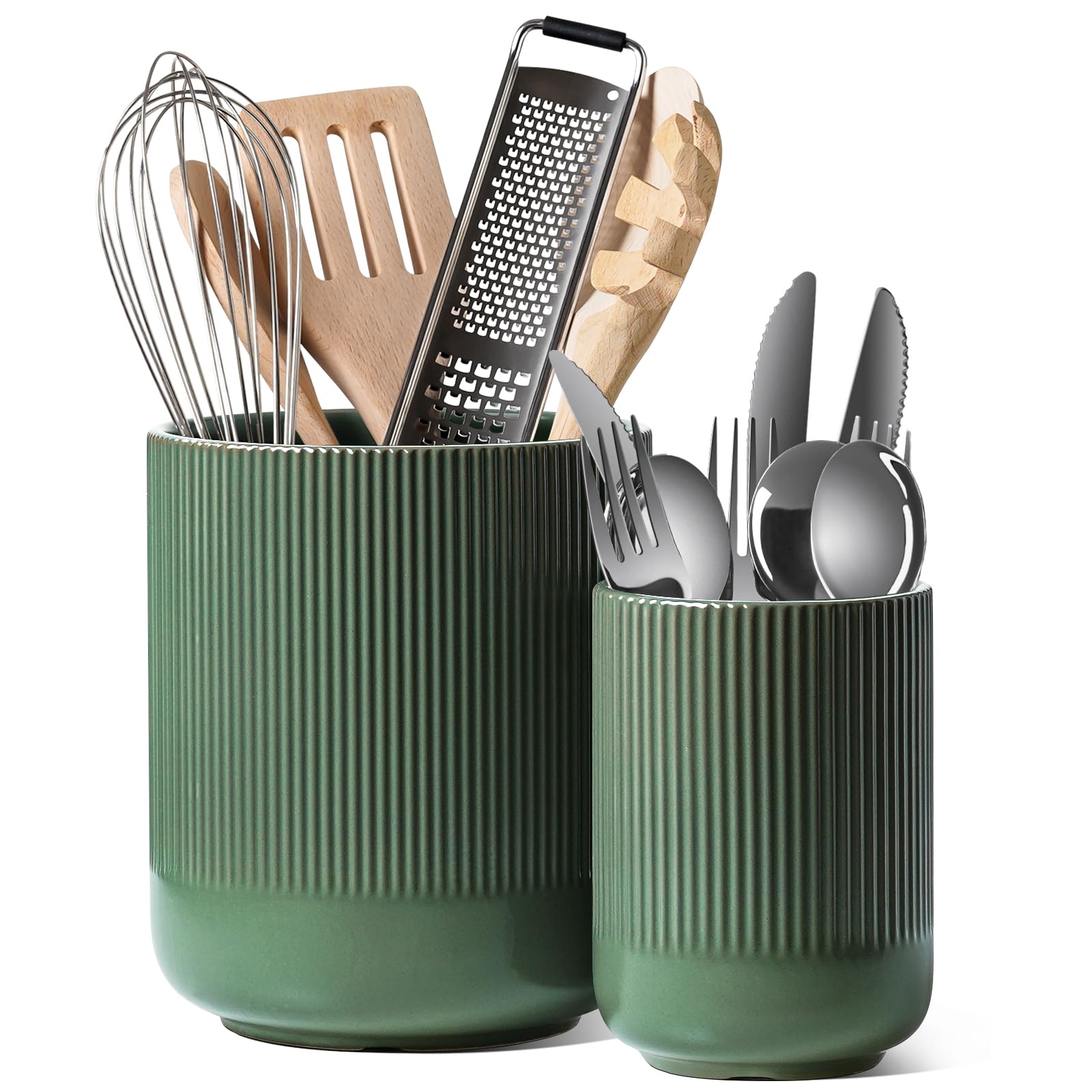 LE TAUCI Utensil Holder, 7.3"+5.4" Ceramic Kitchen Utensil Holder for Countertop, Large Cooking Utensil Crocks for Kitchen Counter Decor, Morden Utensil Organizer for Spatula, Set of 2, White