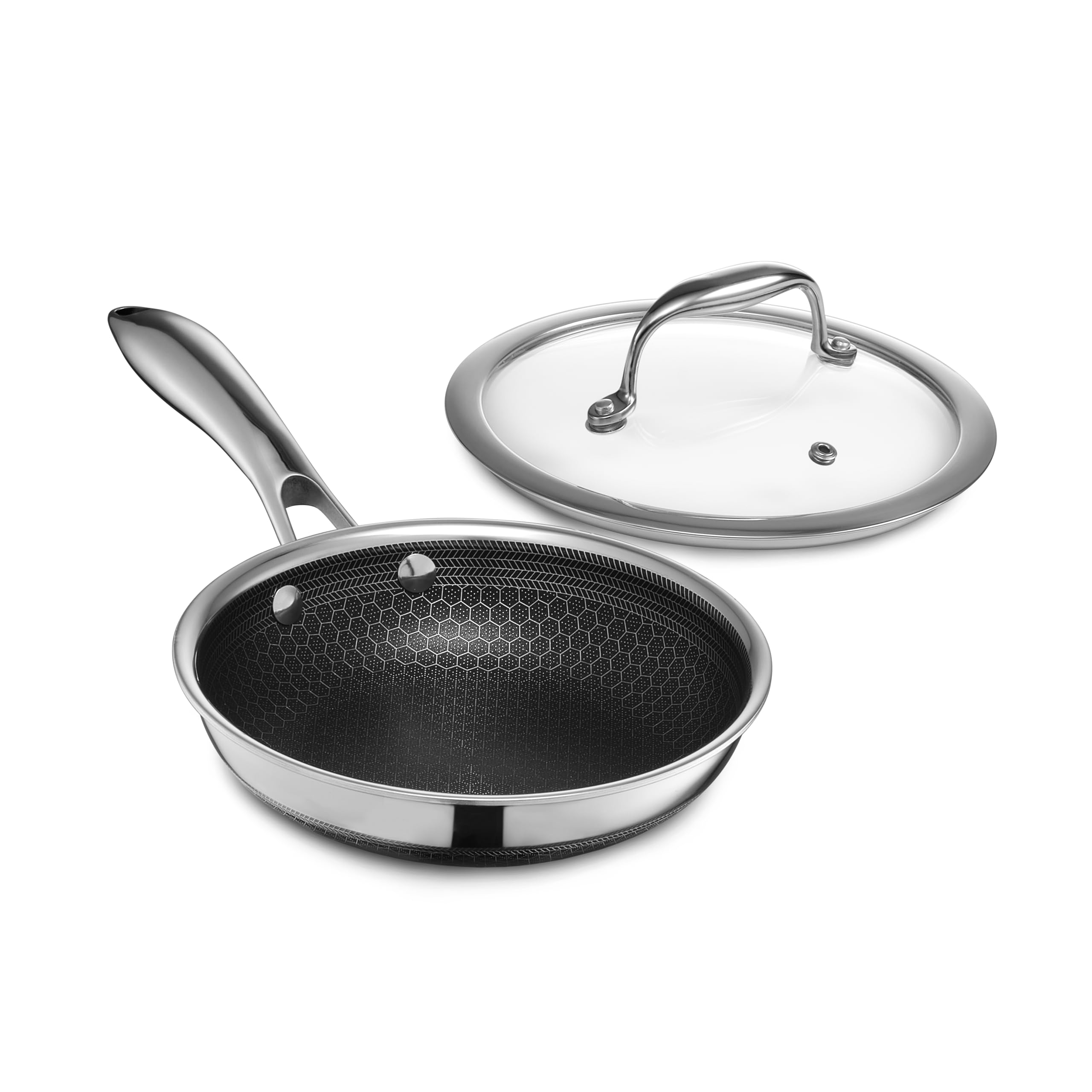 HexClad Hybrid Nonstick 12-Inch Frying Pan with Tempered Glass Lid, Stay-Cool Handle, Dishwasher-Friendly, Oven-Safe Up to 900°F, Induction Ready, Compatible with All Cooktops