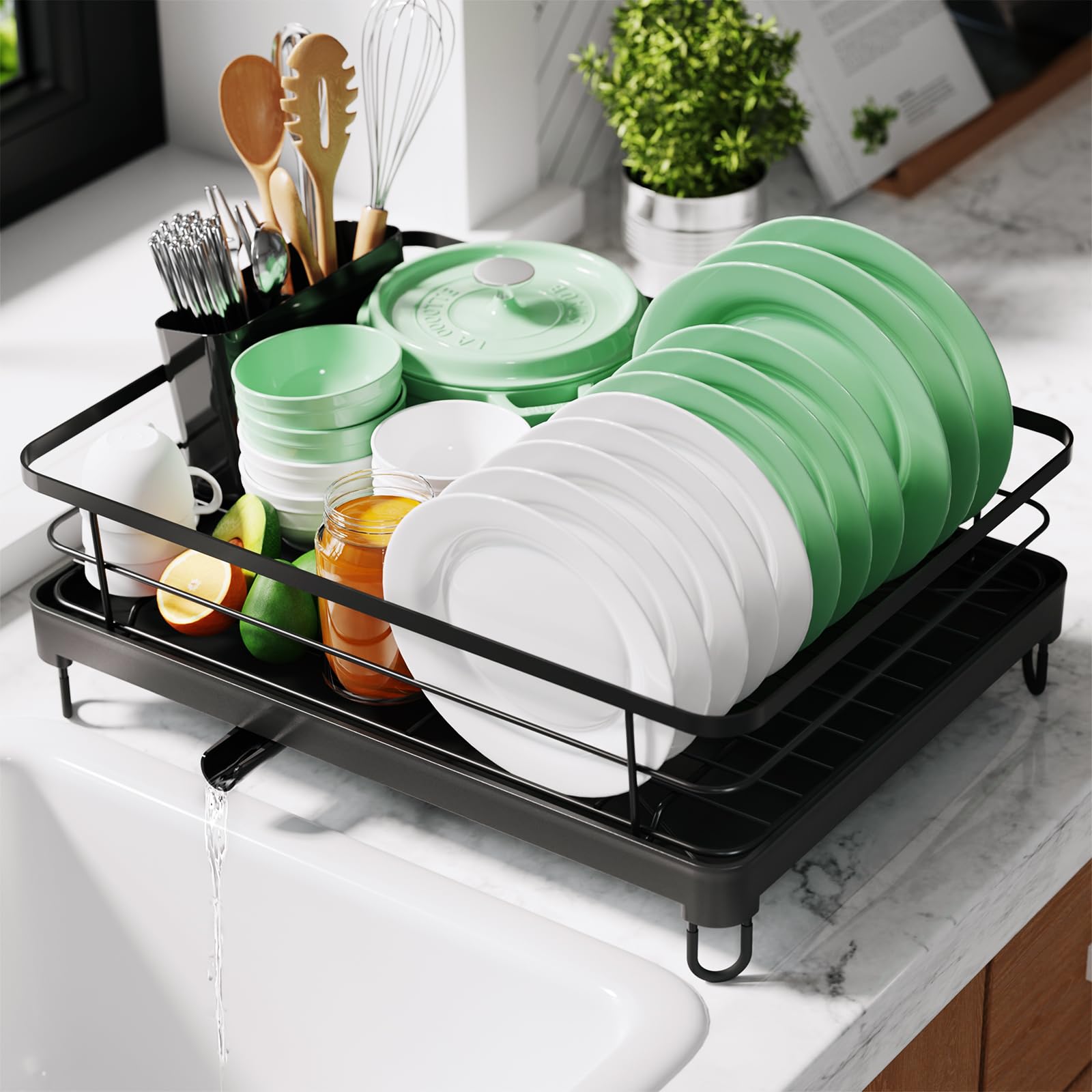 Kitsure Dish Drying Rack for Kitchen Counter, Stainless Steel Sink Organization and Storage Essentials with Cutlery Holder, Home and Appartment Decor, 12''W x 15.5''L, Black