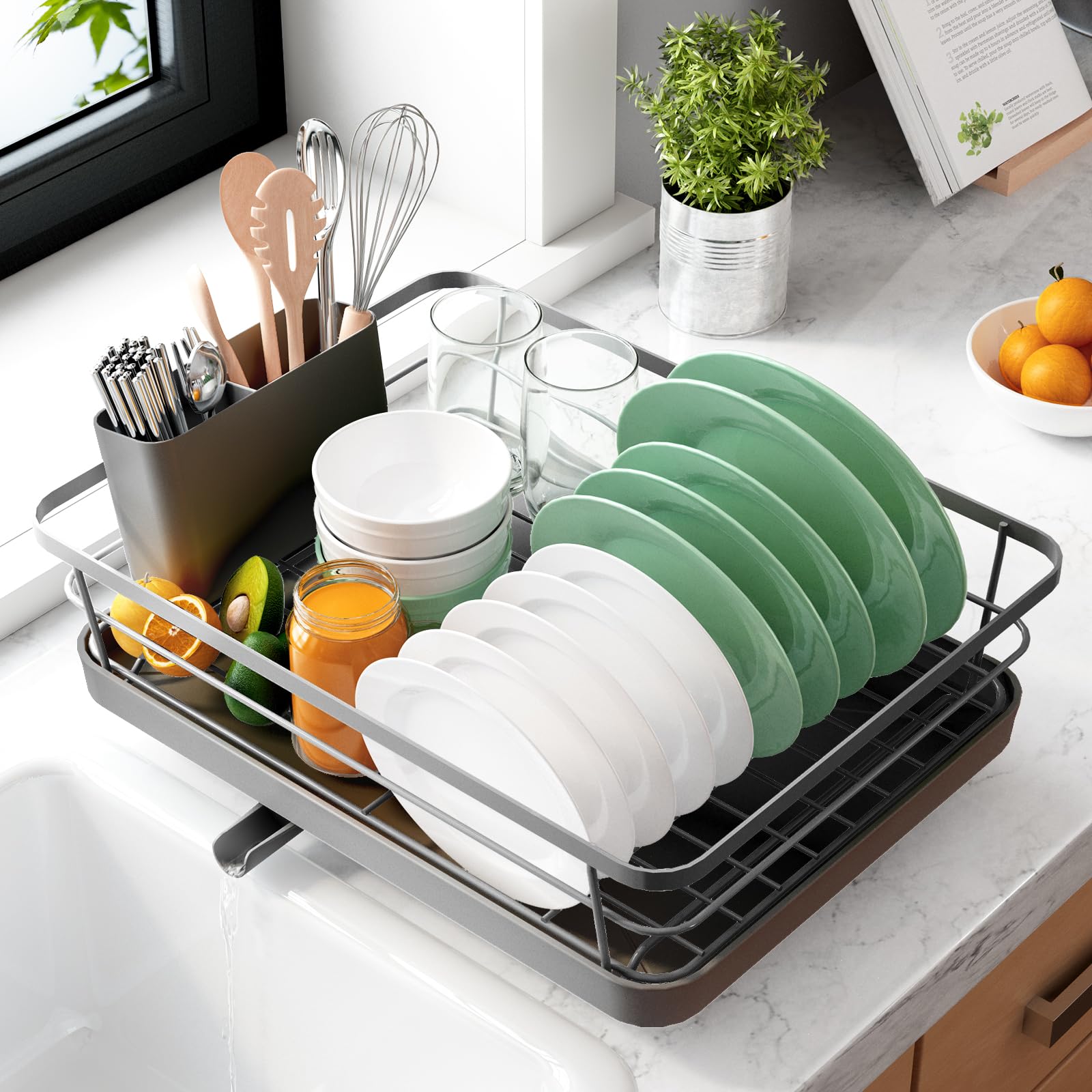 Kitsure Dish Drying Rack for Kitchen Counter, Stainless Steel Sink Organization and Storage Essentials with Cutlery Holder, Home and Appartment Decor, 12''W x 15.5''L, Black