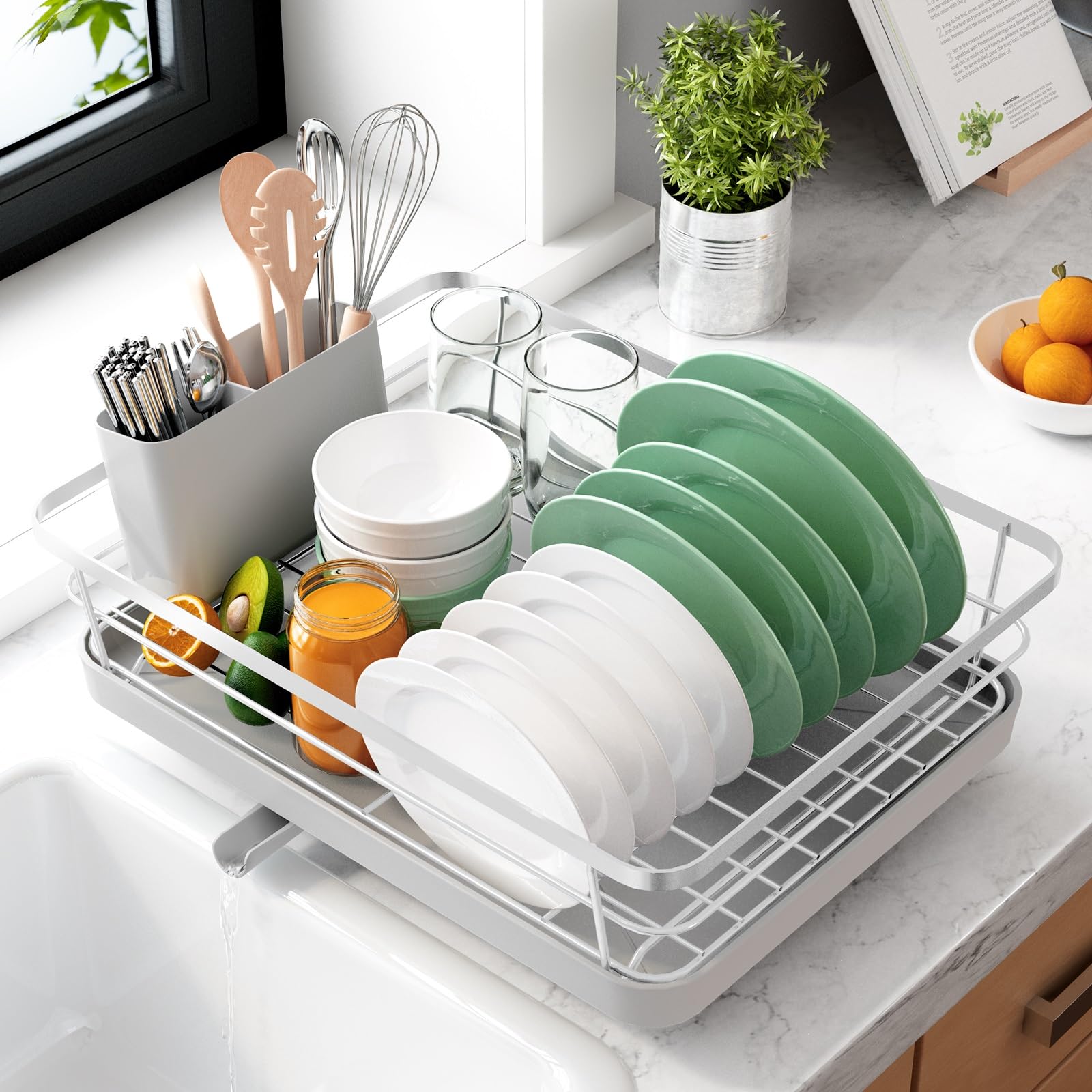 Kitsure Dish Drying Rack for Kitchen Counter, Stainless Steel Sink Organization and Storage Essentials with Cutlery Holder, Home and Appartment Decor, 12''W x 15.5''L, Black