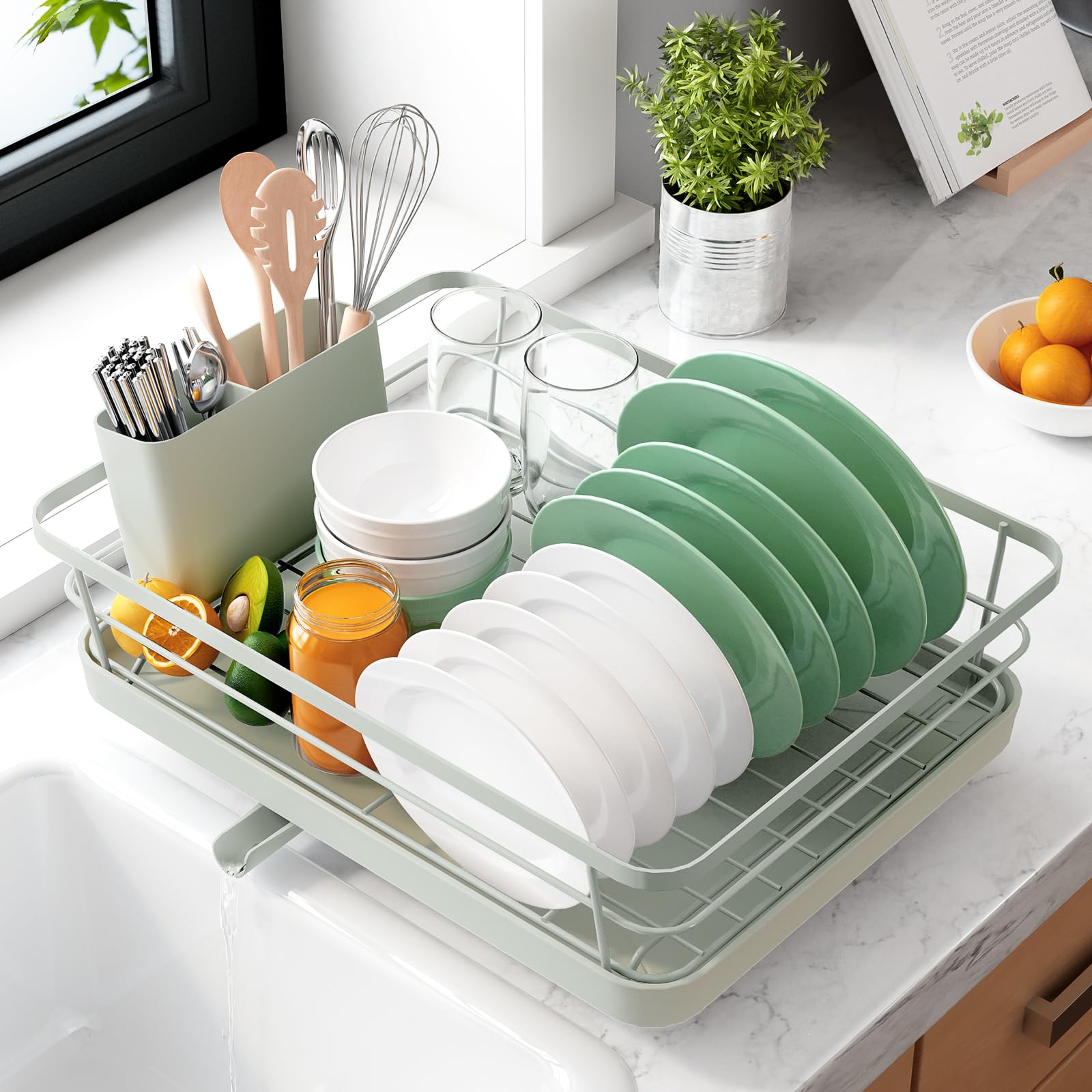 Kitsure Dish Drying Rack for Kitchen Counter, Stainless Steel Sink Organization and Storage Essentials with Cutlery Holder, Home and Appartment Decor, 12''W x 15.5''L, Black
