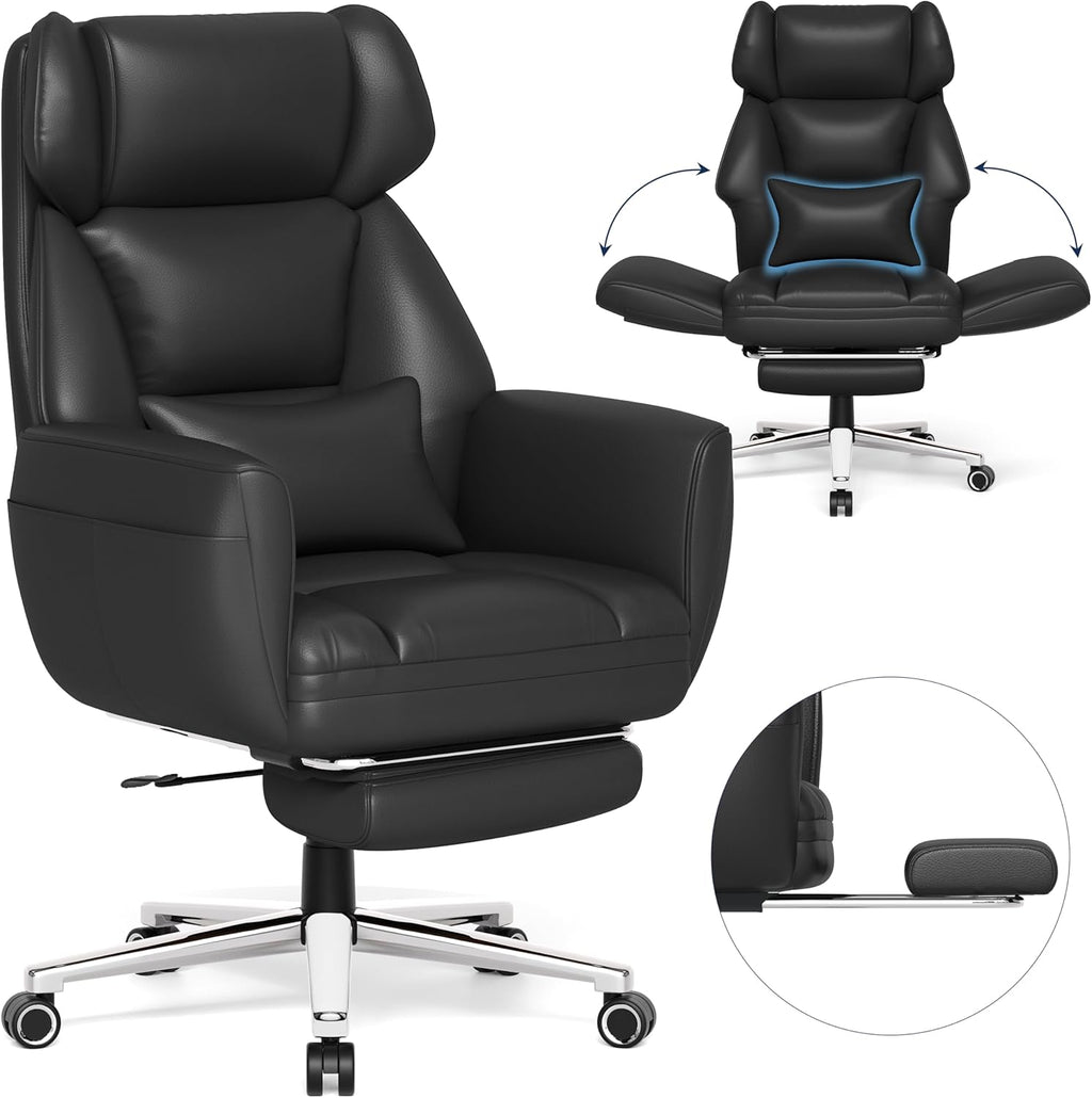GABRYLLY Ergonomic Chair with Footrest – Wide Cross Legged Chair with Reversible Armrests, 120°Tilt, Lumbar Support,Heavy-Duty Base, Big and Tall Executive Chair Plus, Black, GY82766