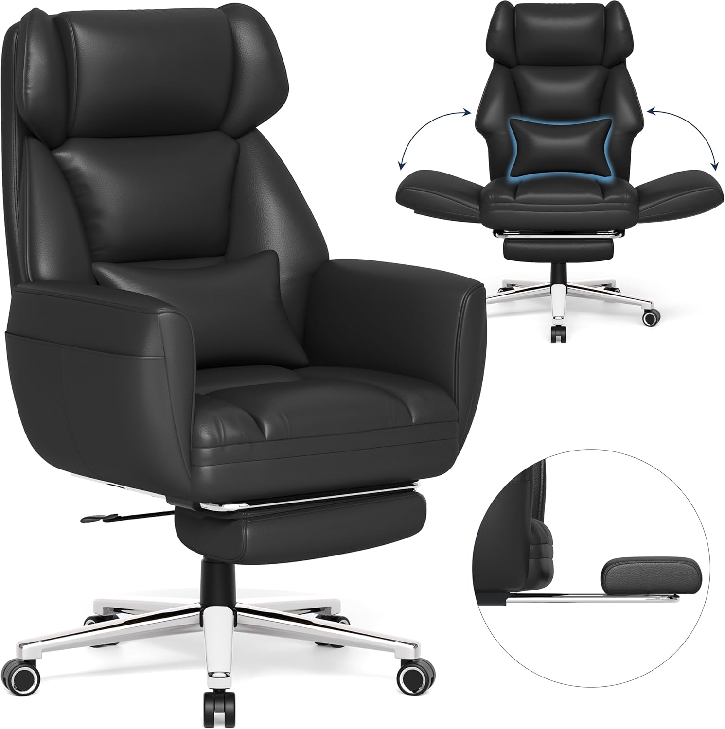 GABRYLLY Ergonomic Chair with Footrest – Wide Cross Legged Chair with Reversible Armrests, 120°Tilt, Lumbar Support,Heavy-Duty Base, Big and Tall Executive Chair Plus, Black, GY82766