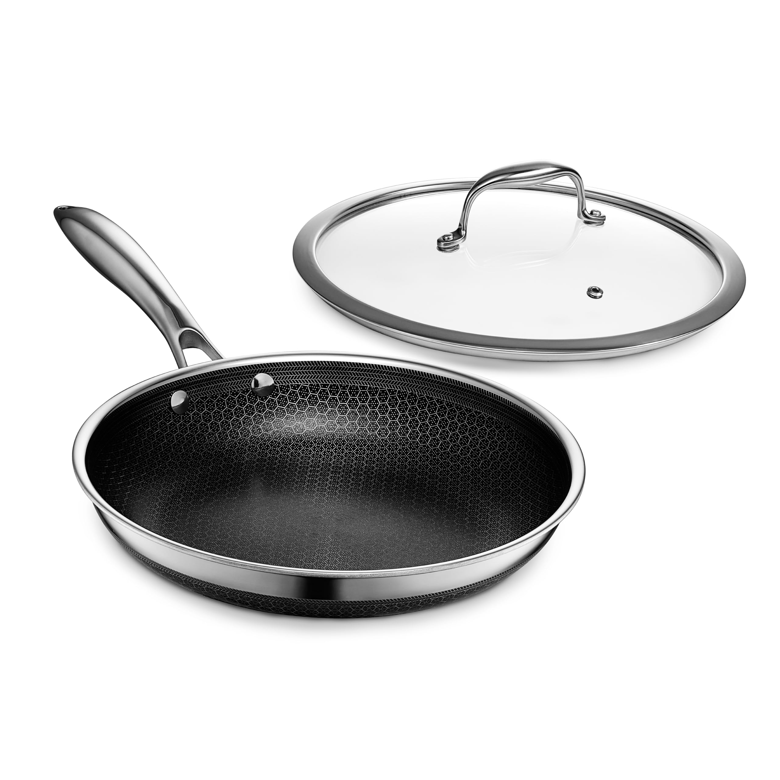 HexClad Hybrid Nonstick 12-Inch Frying Pan with Tempered Glass Lid, Stay-Cool Handle, Dishwasher-Friendly, Oven-Safe Up to 900°F, Induction Ready, Compatible with All Cooktops
