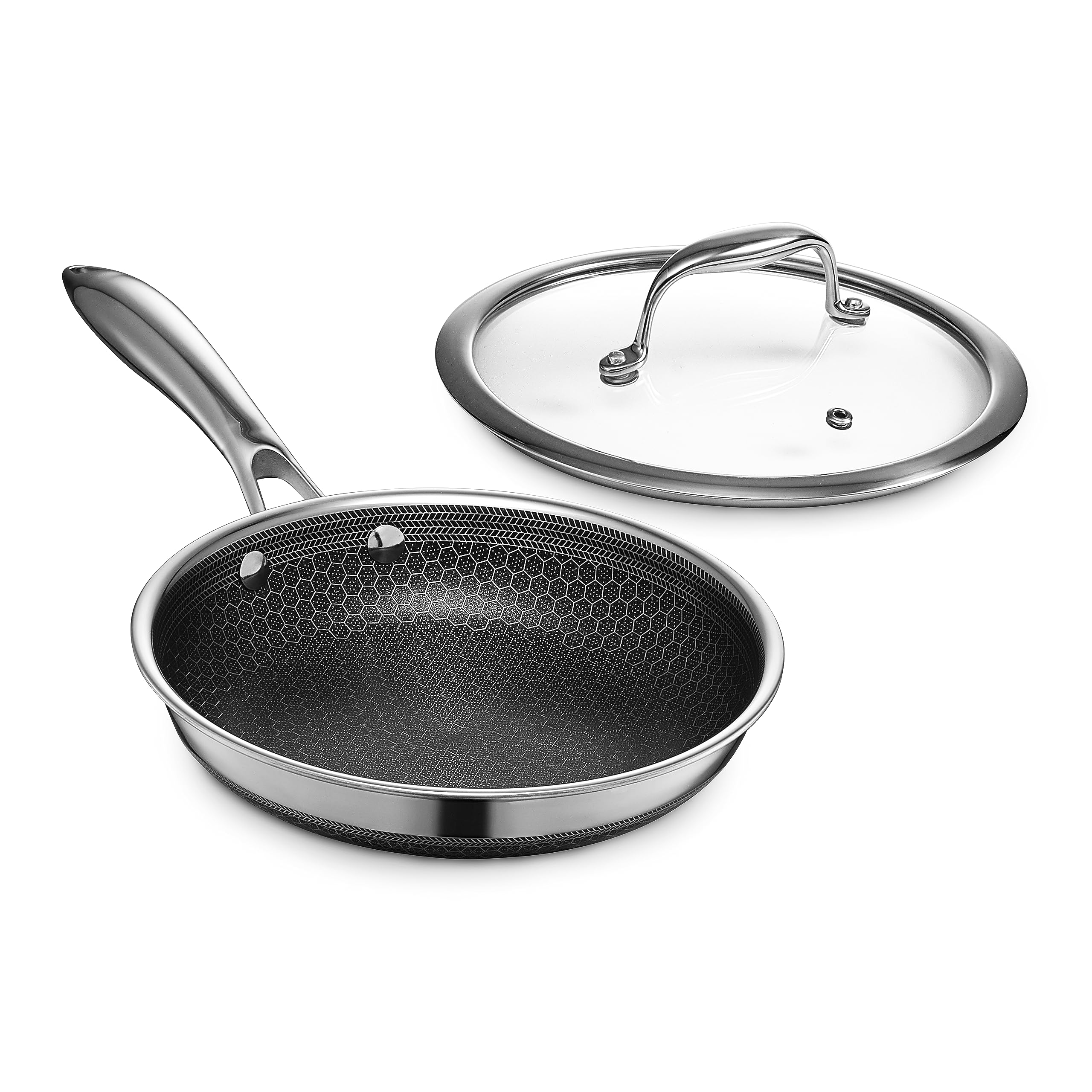 HexClad Hybrid Nonstick 12-Inch Frying Pan with Tempered Glass Lid, Stay-Cool Handle, Dishwasher-Friendly, Oven-Safe Up to 900°F, Induction Ready, Compatible with All Cooktops