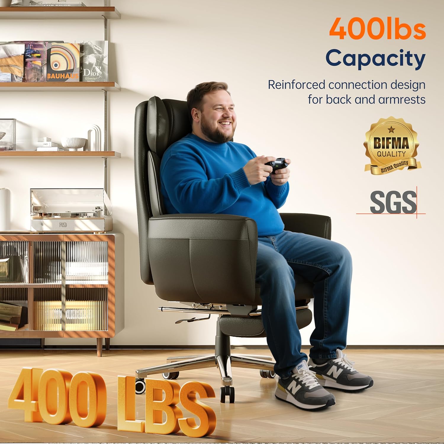 GABRYLLY Ergonomic Chair with Footrest – Wide Cross Legged Chair with Reversible Armrests, 120°Tilt, Lumbar Support,Heavy-Duty Base, Big and Tall Executive Chair Plus, Black, GY82766