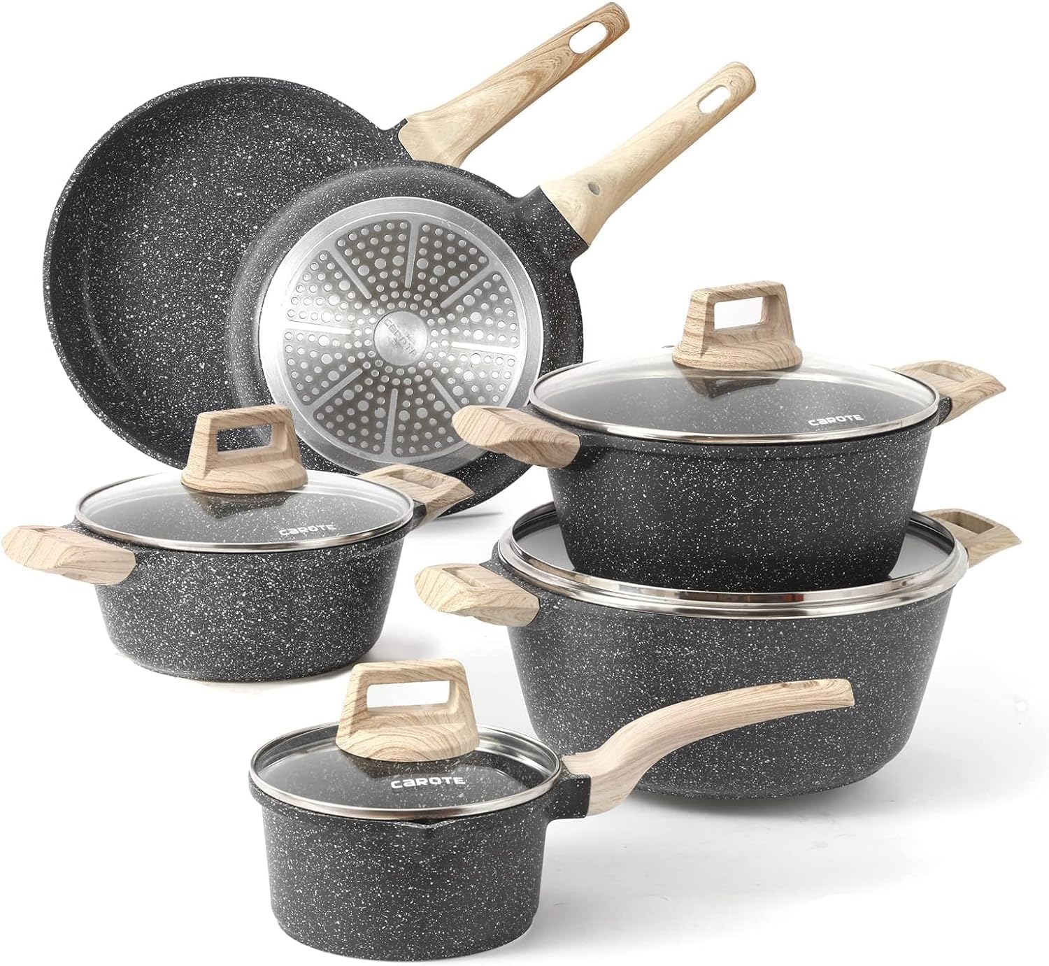 CAROTE 21Pcs Pots and Pans Set, Nonstick Cookware Sets, White Granite Induction Cookware Non Stick Cooking Set w/Frying Pans & Saucepans(PFOS, PFOA Free)