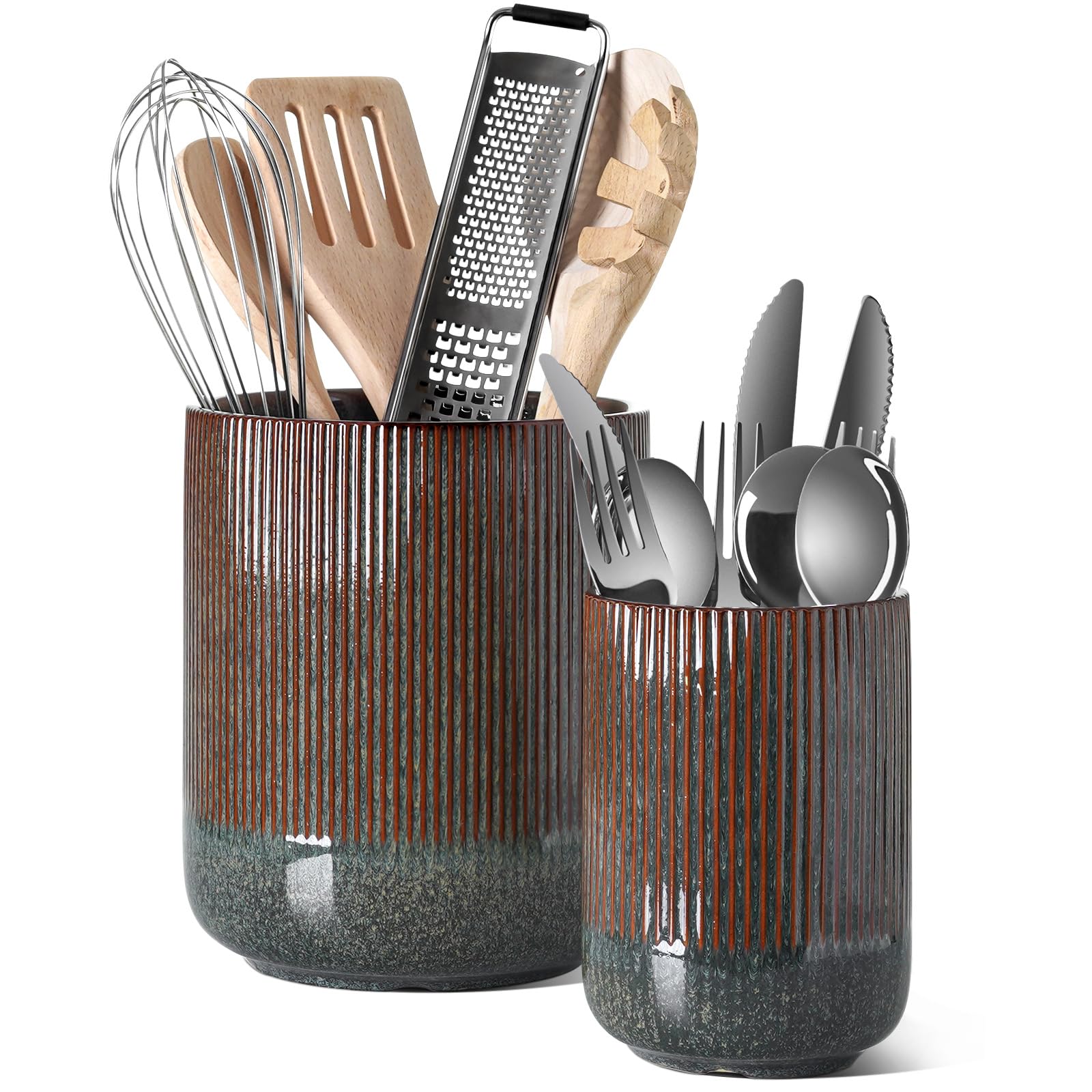 LE TAUCI Utensil Holder, 7.3"+5.4" Ceramic Kitchen Utensil Holder for Countertop, Large Cooking Utensil Crocks for Kitchen Counter Decor, Morden Utensil Organizer for Spatula, Set of 2, White