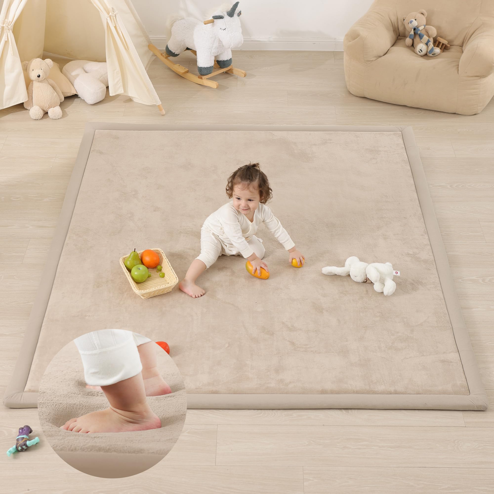 1.3" Thick Baby Play Mat for Floor, 79x118 Large Foam Tummy Time Mat, Padded Support Soft Plush Nursery Rug for Infant Kids Toddler Crawling Kick Activity (Light Grey)