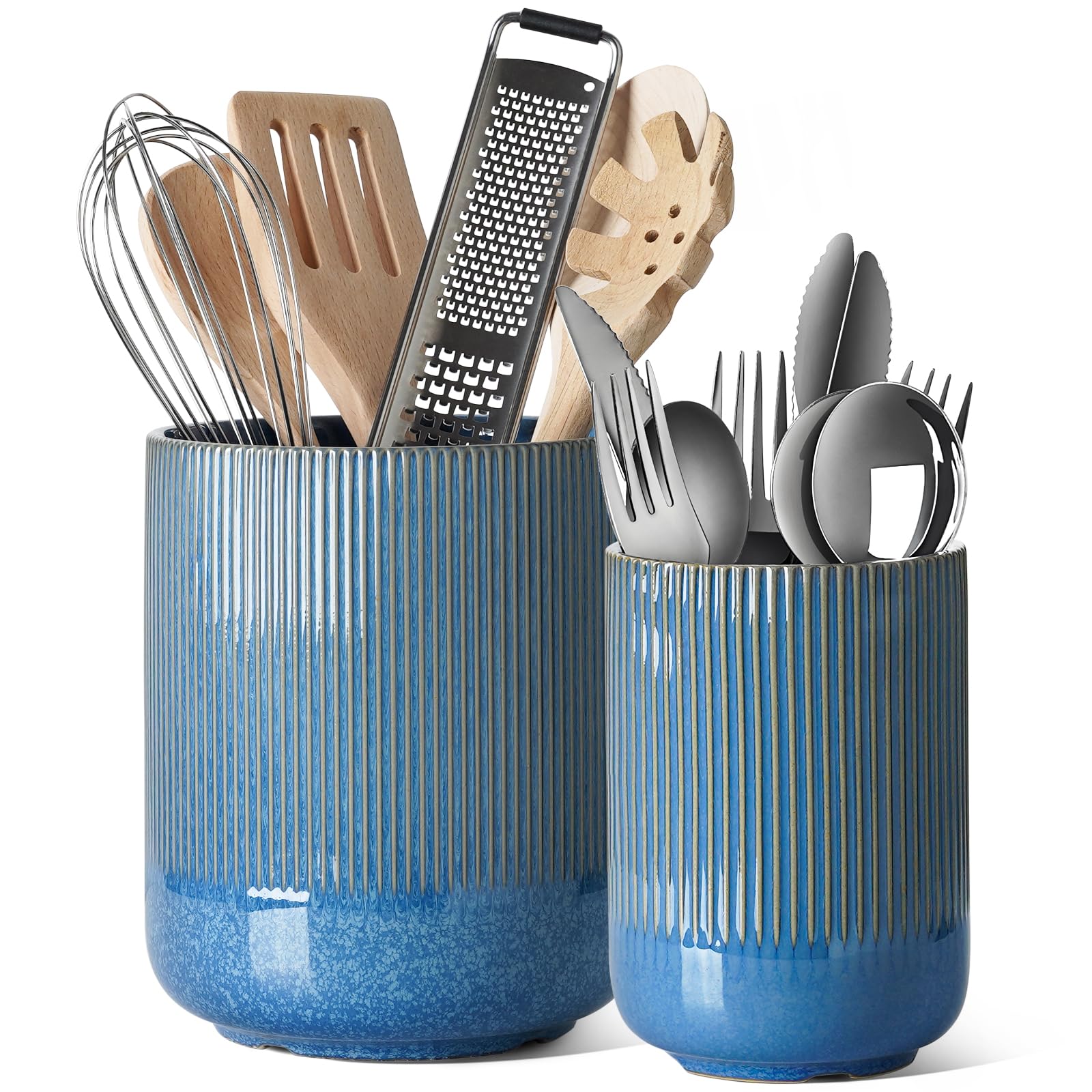 LE TAUCI Utensil Holder, 7.3"+5.4" Ceramic Kitchen Utensil Holder for Countertop, Large Cooking Utensil Crocks for Kitchen Counter Decor, Morden Utensil Organizer for Spatula, Set of 2, White