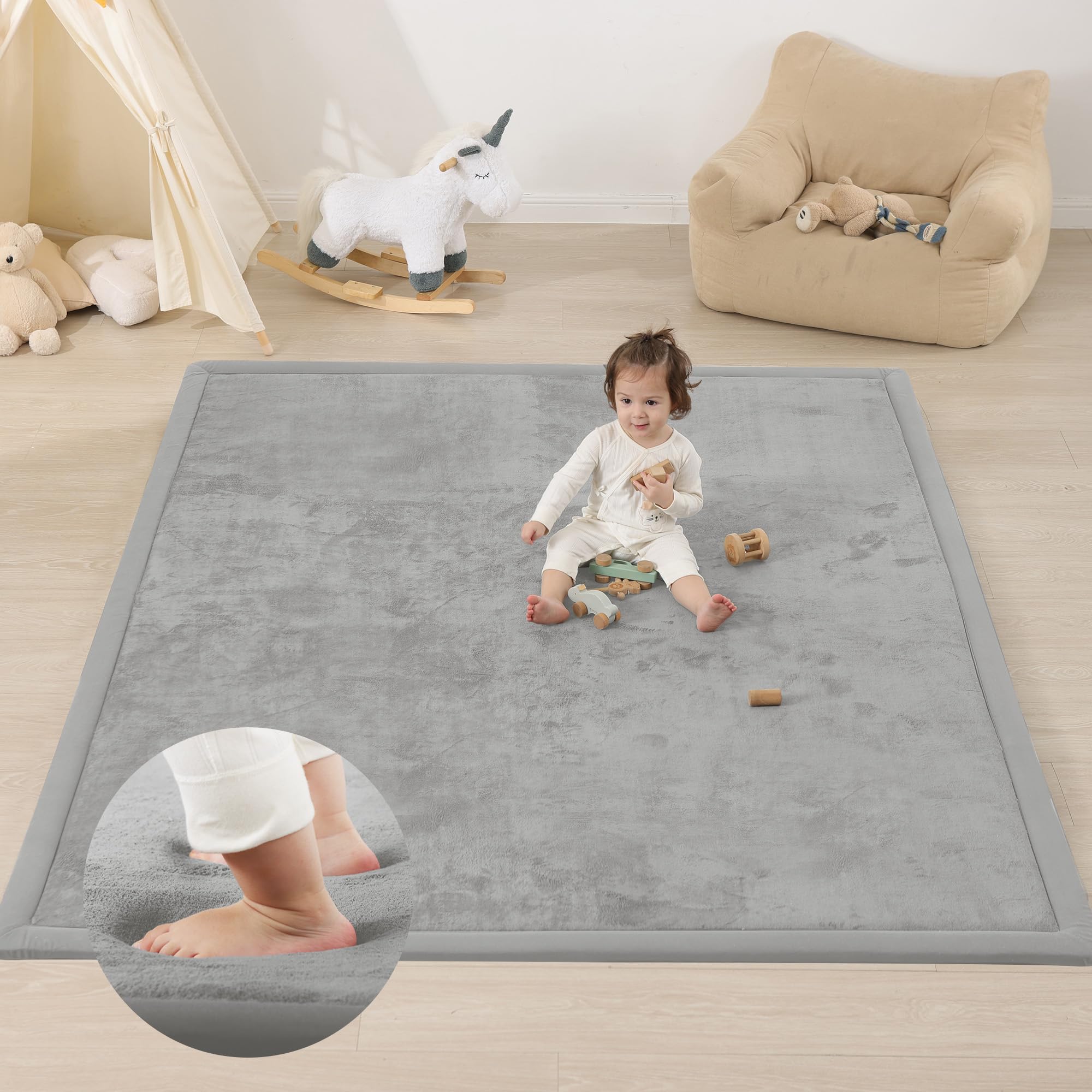 1.3" Thick Baby Play Mat for Floor, 79x118 Large Foam Tummy Time Mat, Padded Support Soft Plush Nursery Rug for Infant Kids Toddler Crawling Kick Activity (Light Grey)