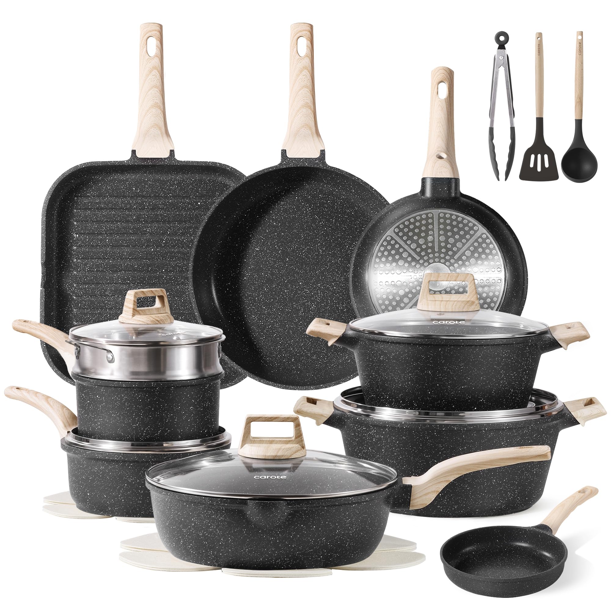 CAROTE 21Pcs Pots and Pans Set, Nonstick Cookware Sets, White Granite Induction Cookware Non Stick Cooking Set w/Frying Pans & Saucepans(PFOS, PFOA Free)