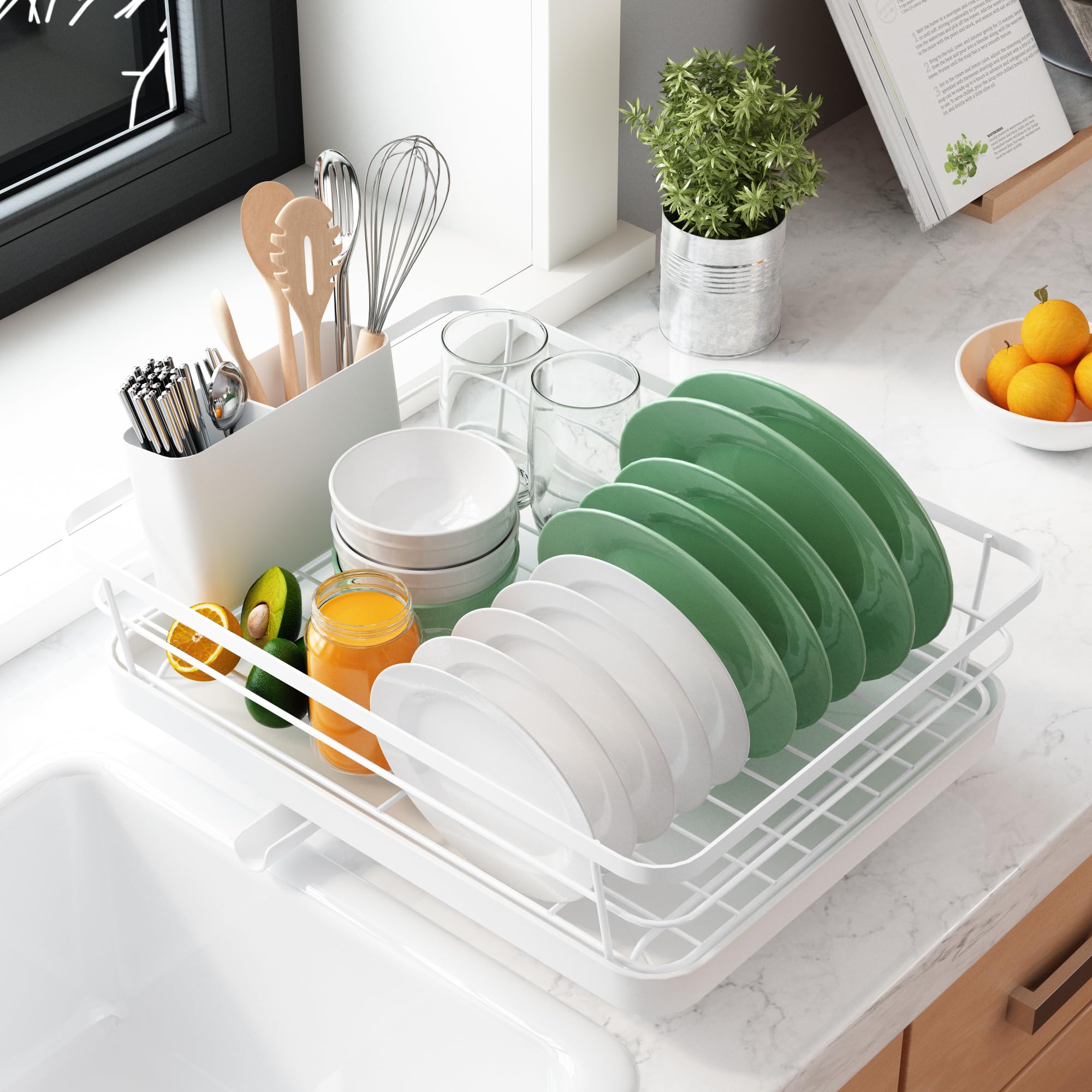 Kitsure Dish Drying Rack for Kitchen Counter, Stainless Steel Sink Organization and Storage Essentials with Cutlery Holder, Home and Appartment Decor, 12''W x 15.5''L, Black