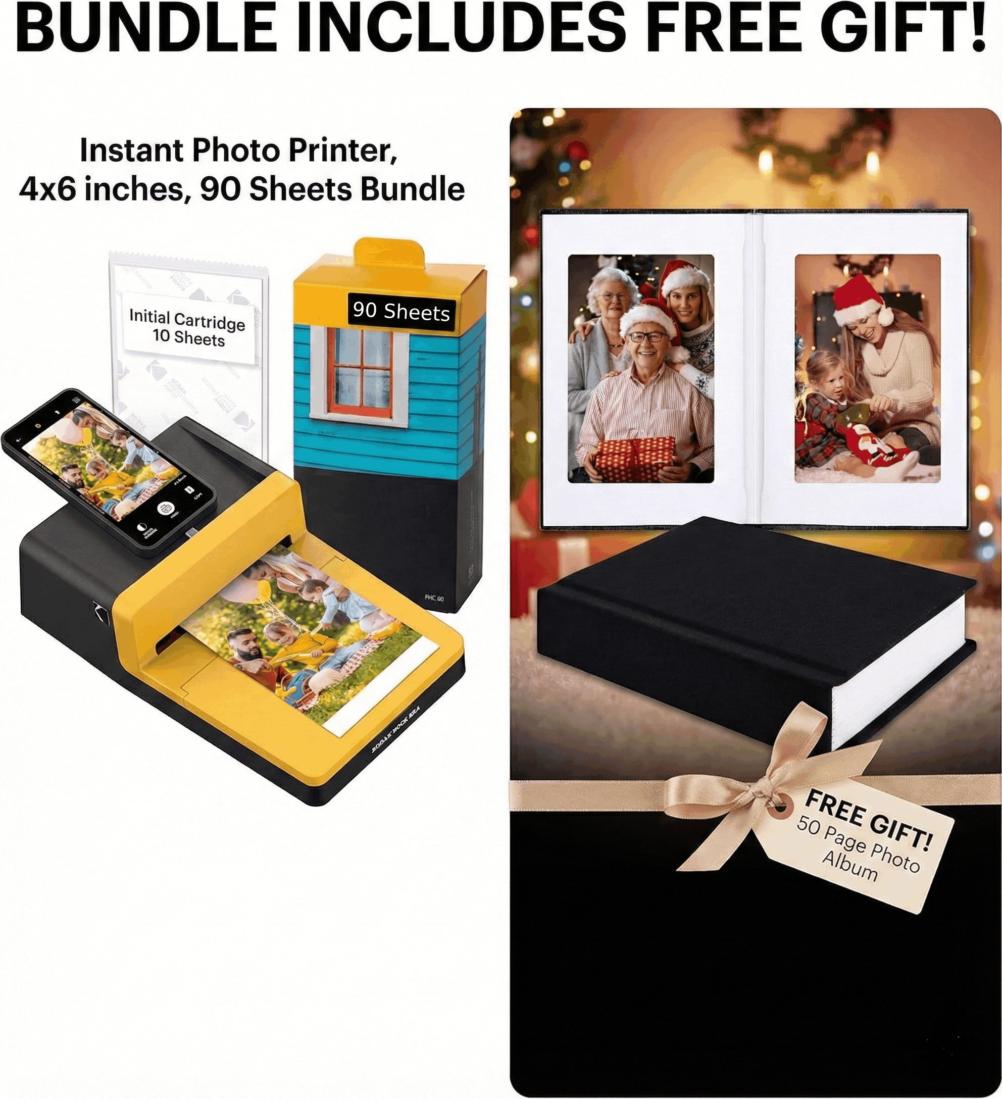 4x6” Printer Bundle: 90 Sheets + FREE 50-Page Photo Album – Instant Bluetooth Printing for iOS & Android